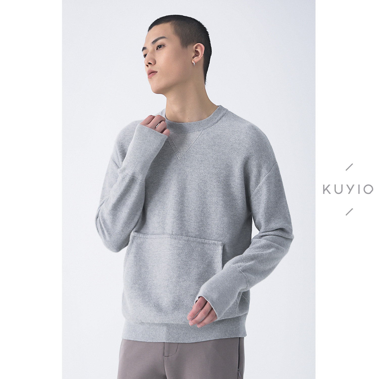 KUYIOU/设计师款 斜纹提花精棉落肩袖插袋廓形圆领针织套衫卫衣男,男装,卫衣,淘宝优惠券,粉丝福利购,淘宝优惠卷