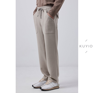 男 KUYIOU 运动休闲长裤 松紧腰抽绳厚款 K09 前片切割线叠层双口袋