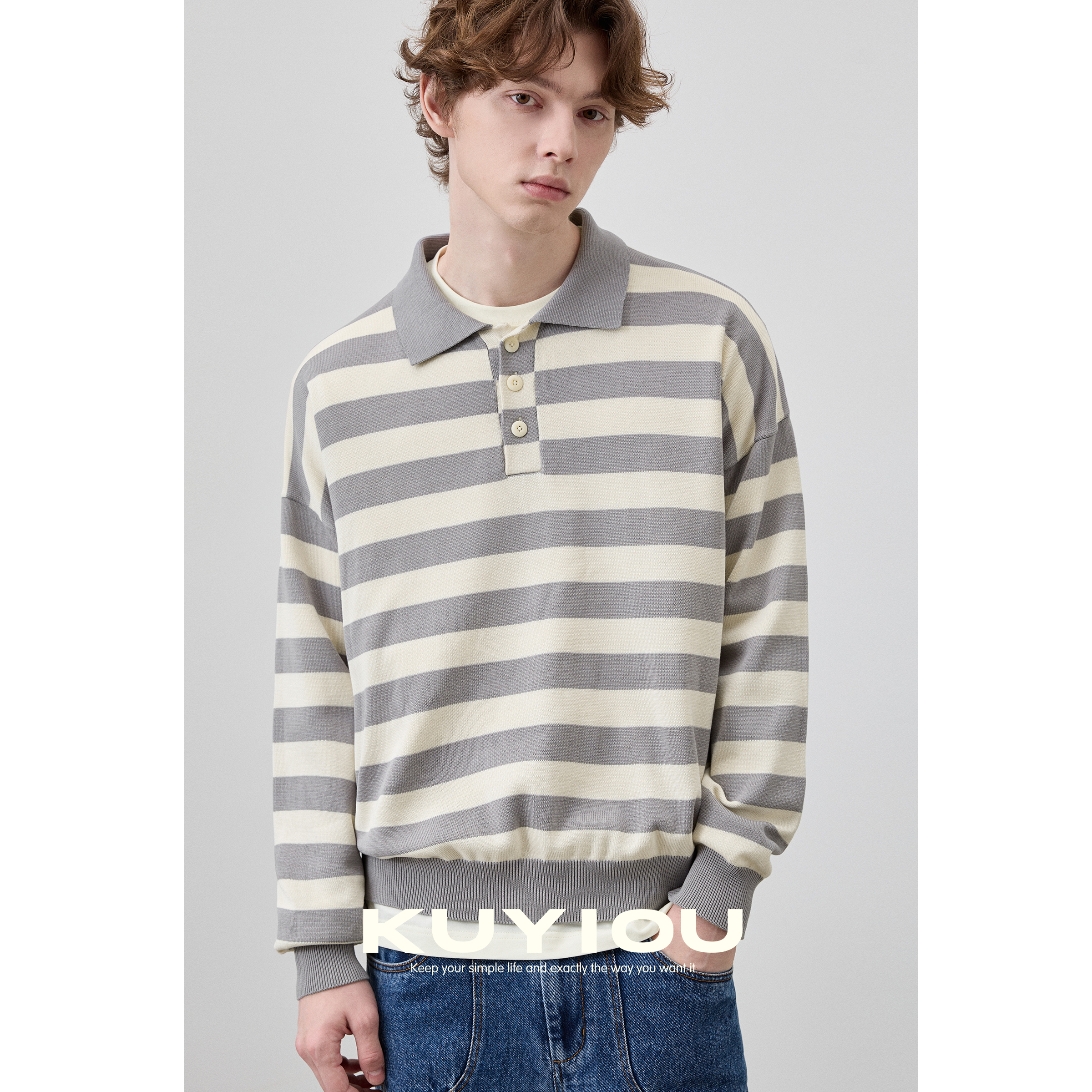 32支丝光棉条纹POLO翻领针织衫