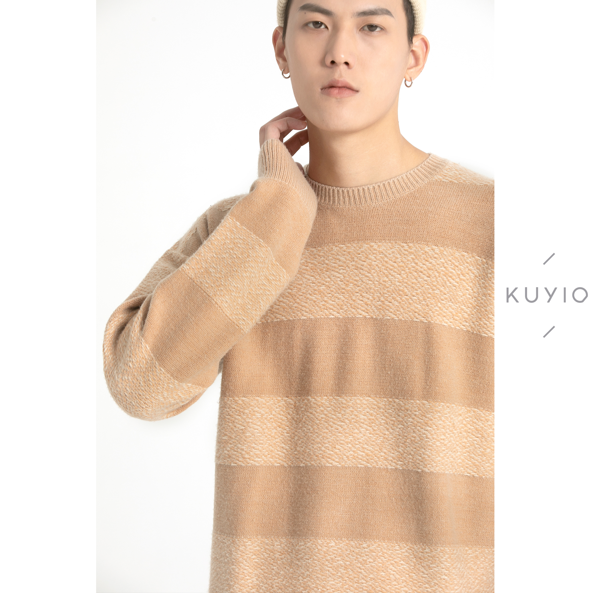 KUYIOU/大理石纹提花 羊毛混纺横条纹韩版圆领针织羊毛衫毛衣男