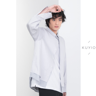 男 衬衫 KUYIOU 下摆拼接条纹假两件高支长绒棉垂顺微弹府绸长袖