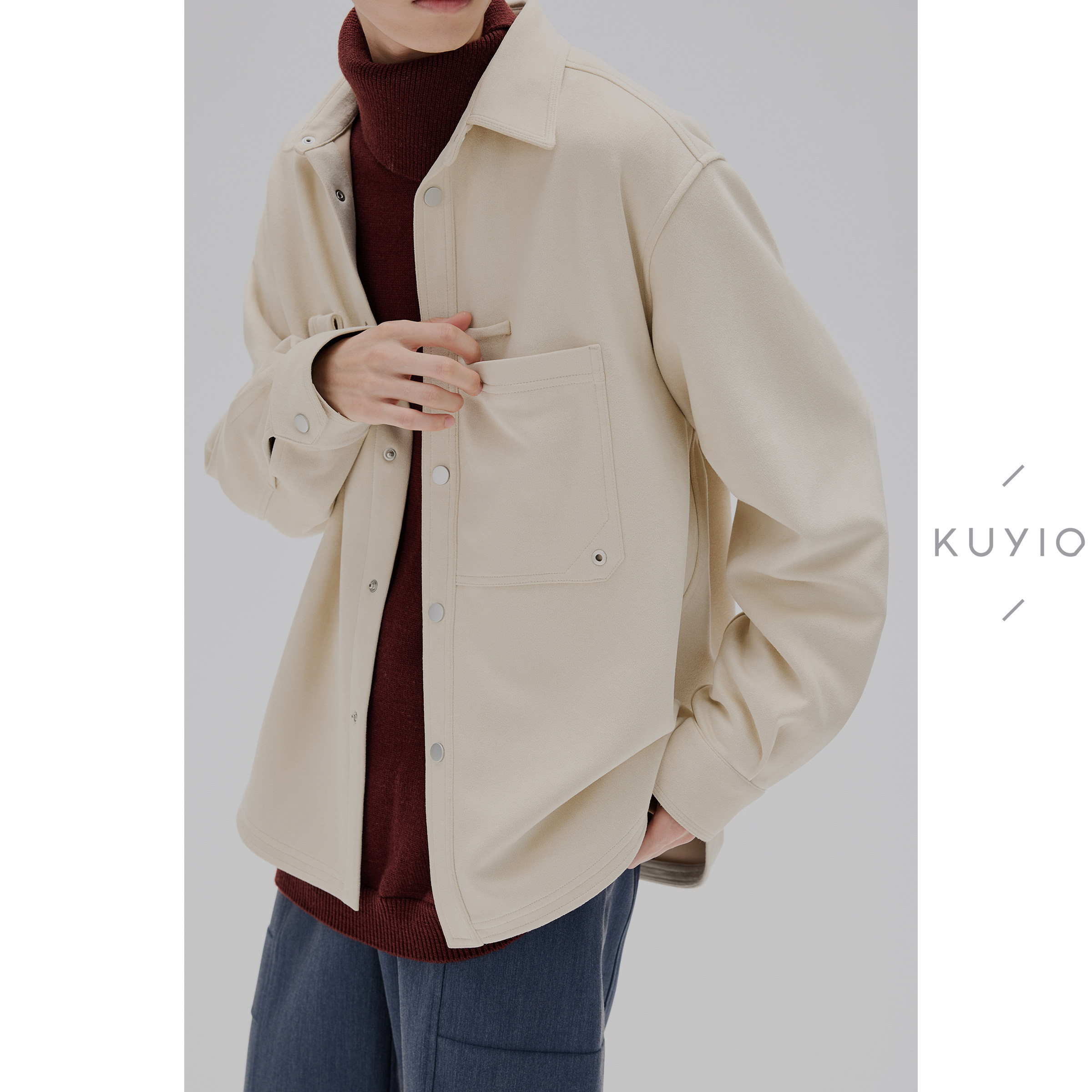 KUYIOU/抗皱弹力麂皮绒 AIRPODS口袋弧形下摆落肩外套长袖衬衫男,男装,衬衫,淘宝优惠券,粉丝福利购,淘宝优惠卷