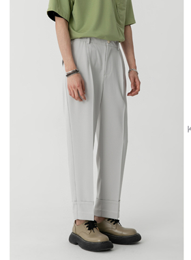 脚口造型翻边 KUYIOU/双褶松紧腰垂感直筒休闲西装九分裤男 K49