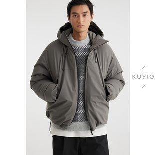 KUYIOU 防泼水面料立领连帽羽绒服外套男 蓬松保暖重磅90白鸭绒
