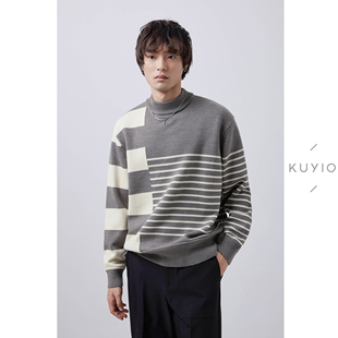 Z19 重磅羊毛混纺圆领柔软针织毛衣男 KUYIOU 抽象不对称横条纹