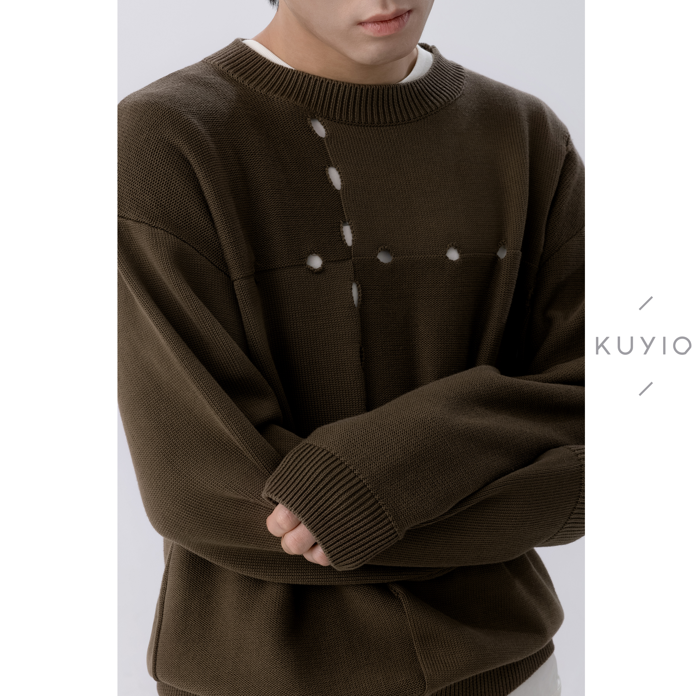 酷意欧棋盘格纯棉圆领针织衫