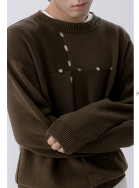 KUYIOU/SHIMA SEIKI棋盘格空花针 宽松落肩纯棉圆领针织衫男 Z36