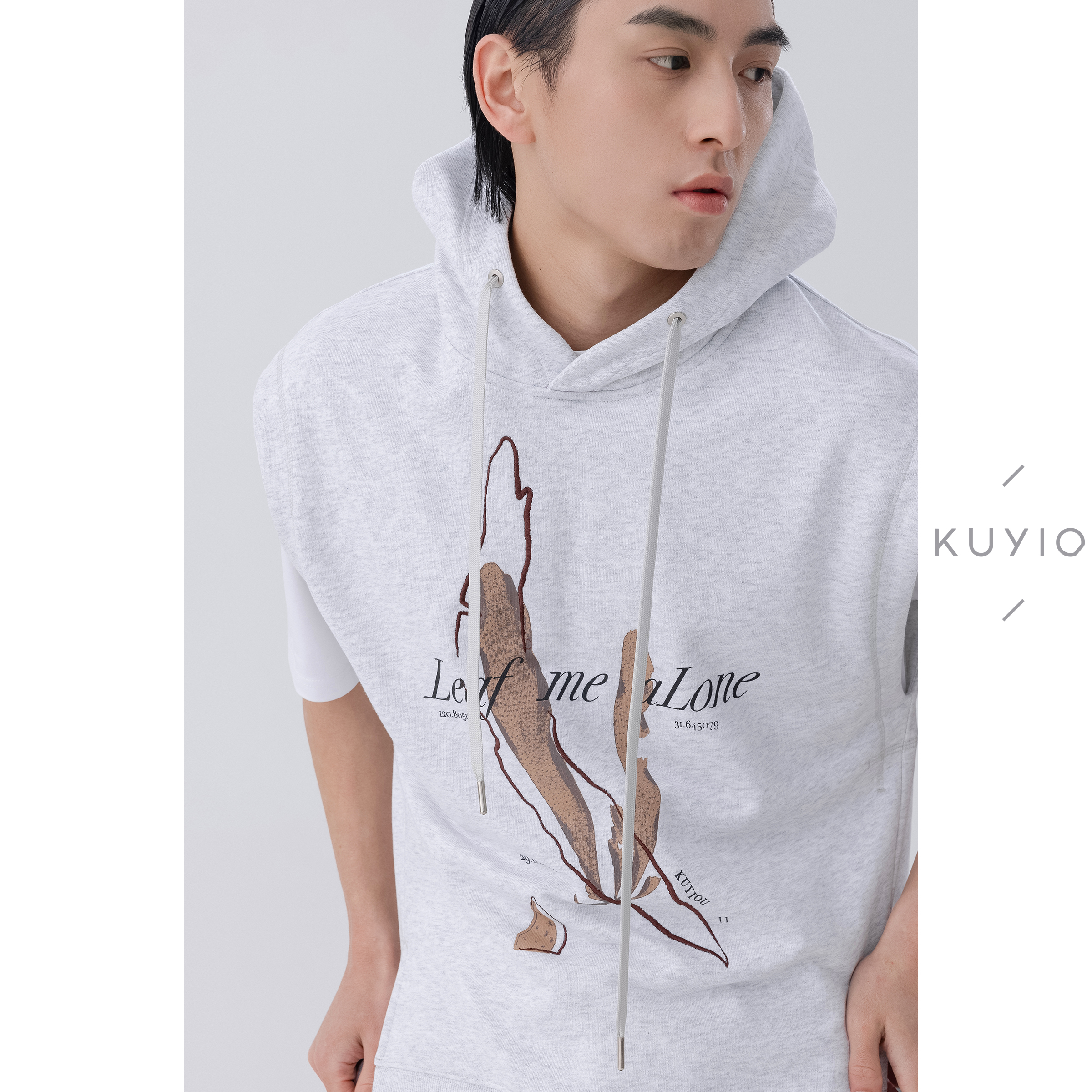 KUYIOU印花纯棉连帽马甲