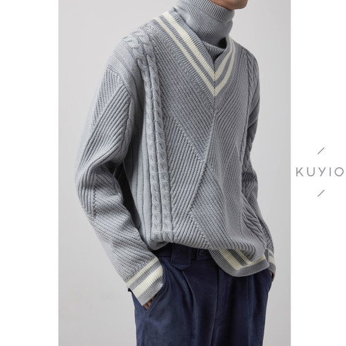 kuyiou/v形叠加双层菱形格男领口
