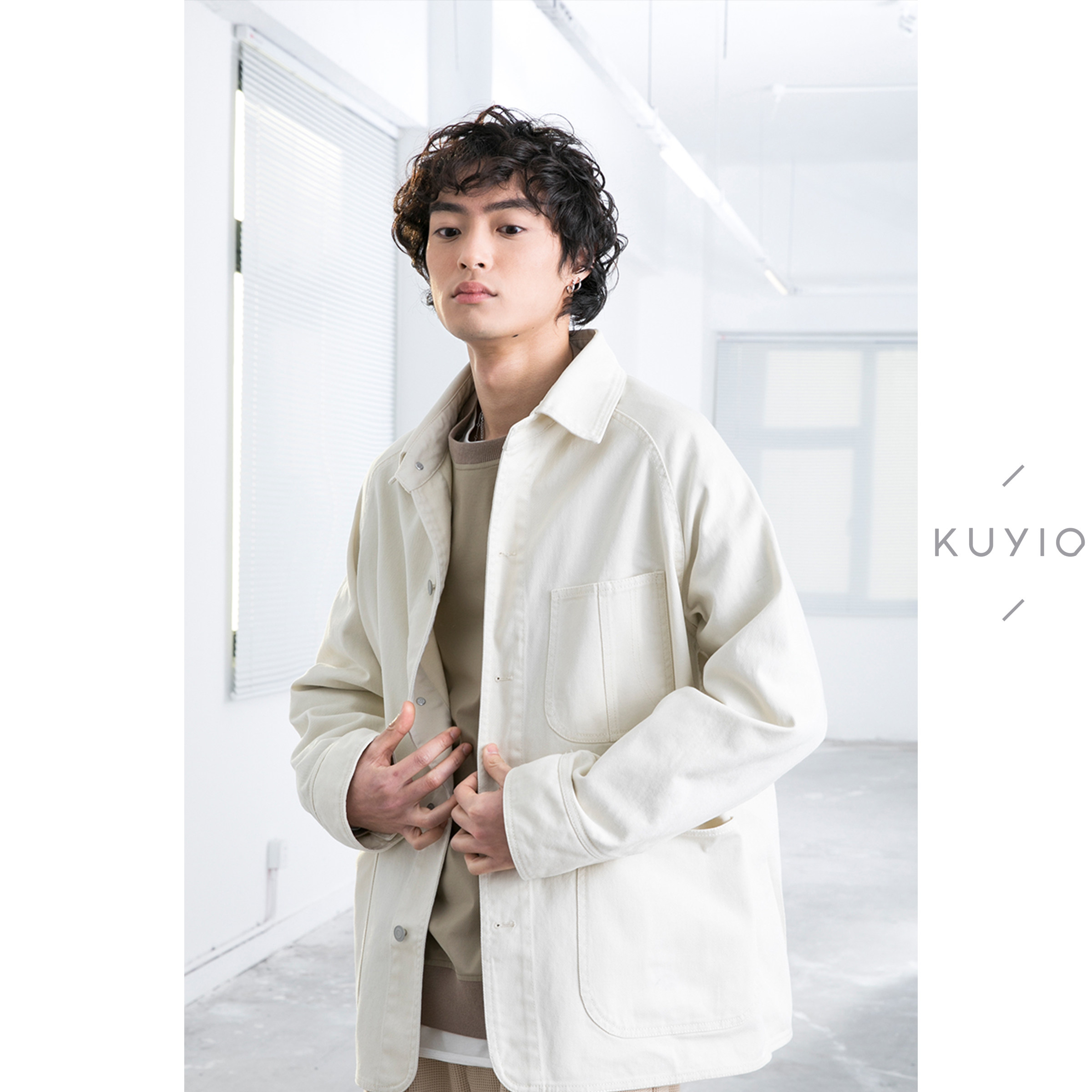 kuyiou/弧形袖克夫 重磅骑兵斜纹宽松落肩多袋复古工装夹克外套男