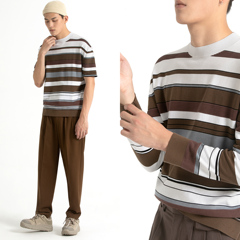 KUYIOU/设计师款 精梳棉横条纹韩版打底针织衫长袖T恤男（短袖）