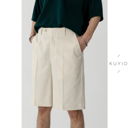 四合扣三角门襟 KUYIOU/松紧腰宽松基础休闲西装五分短裤男 K48