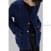 重工满身绞花羊毛混纺复古毛衣针织开衫 KUYIOU 马卡龙彩虹扣