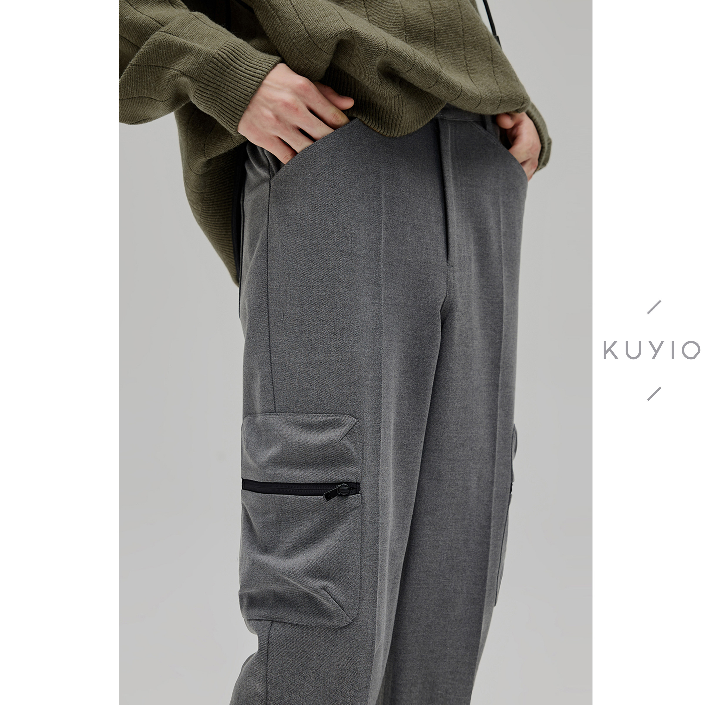 KUYIOU/侧边户外立体口袋 羊毛混纺工装多口袋直筒休闲长裤男
