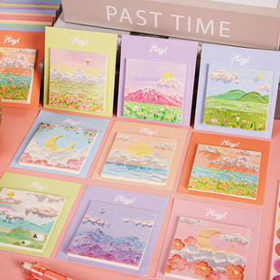 立体感油画风景便利贴 高颜值ins风可粘贴便签本小本子学生用记事留言小条标签贴纸书签标记贴办公备忘N次贴