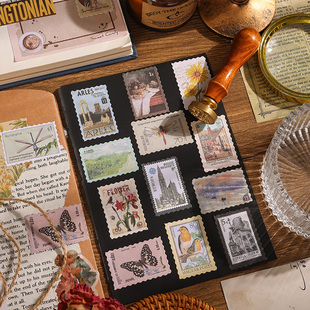 复古邮票贴纸文艺学生用手帐装饰ins风拼贴画女孩儿童diy集邮贴画高颜值可粘贴植物名画不干胶手账日记素材