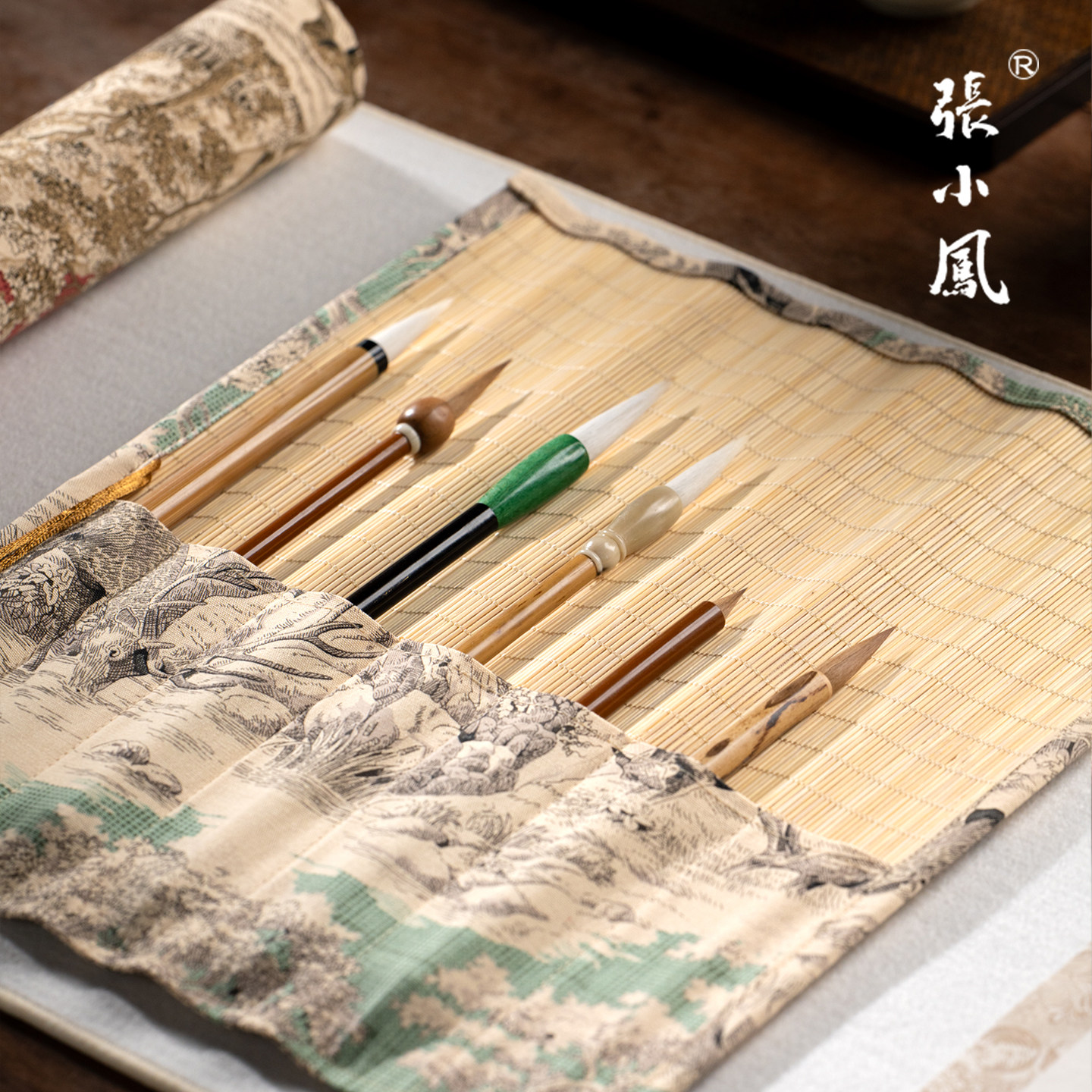 张小凤布艺笔帘卷笔袋书法毛笔收纳笔袋笔卷文房四宝用品书法绘画工具裁纸刀简约印花帆布收纳袋收纳包保护套