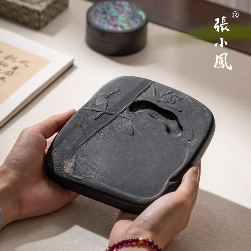 张小凤孤品歙砚眉子坑天然眉纹精品文房四宝毛笔书法国画研墨安徽高档手工精雕砚台不干墨可磨墨原石送礼雕刻