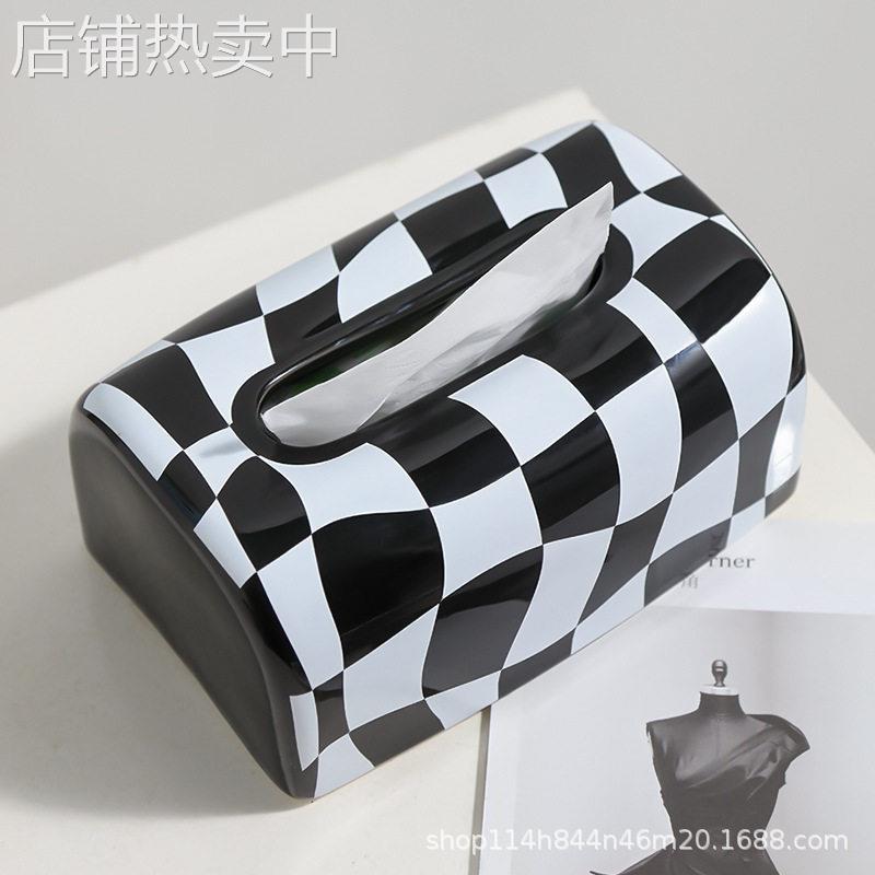 简约现轻奢陶瓷棋盘格抽纸盒客厅餐桌纸巾盒公室桌面装饰摆件