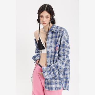 JMJ 2024春秋季美式复古辣妹风宽松百搭长袖格子衬衫男女高街外套