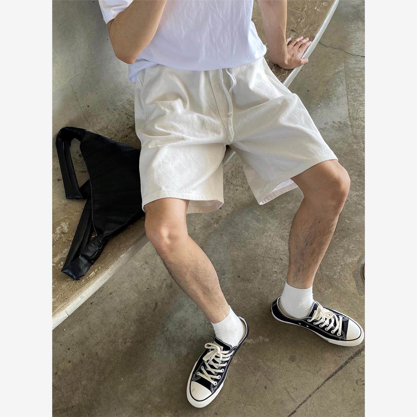 nick tian 简约清爽夏季薄款宽松休闲短裤男抽绳松紧腰直筒五分裤