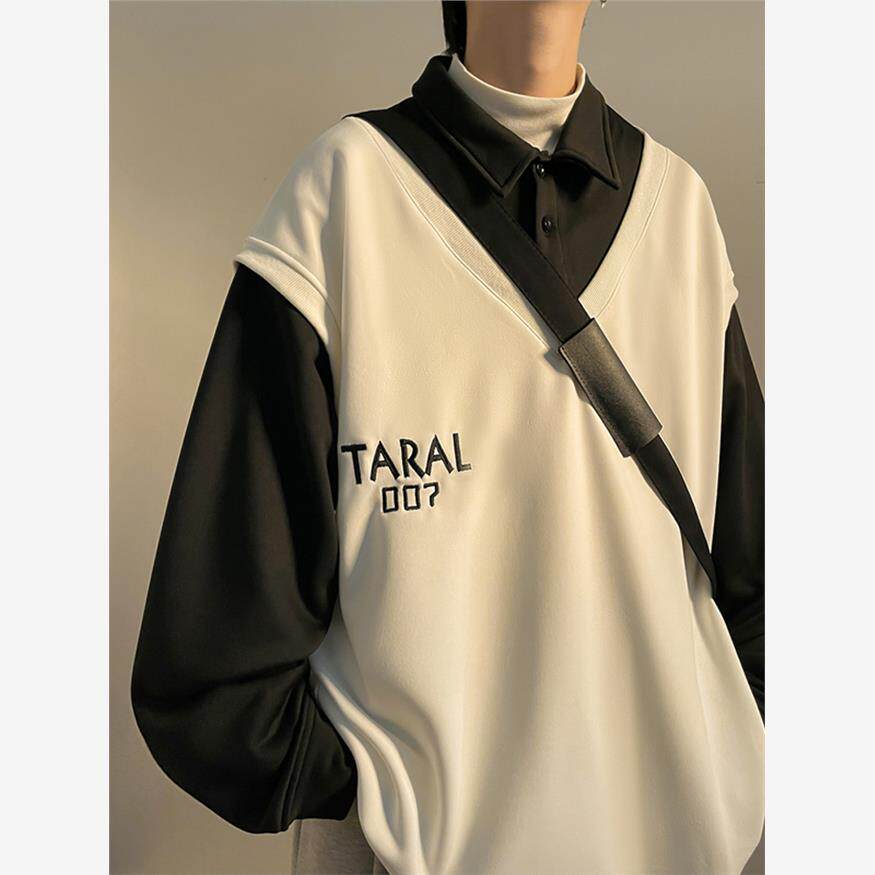 日系假两件polo衫卫衣男生款春夏学院风男装衬衫领慵懒宽松上衣服