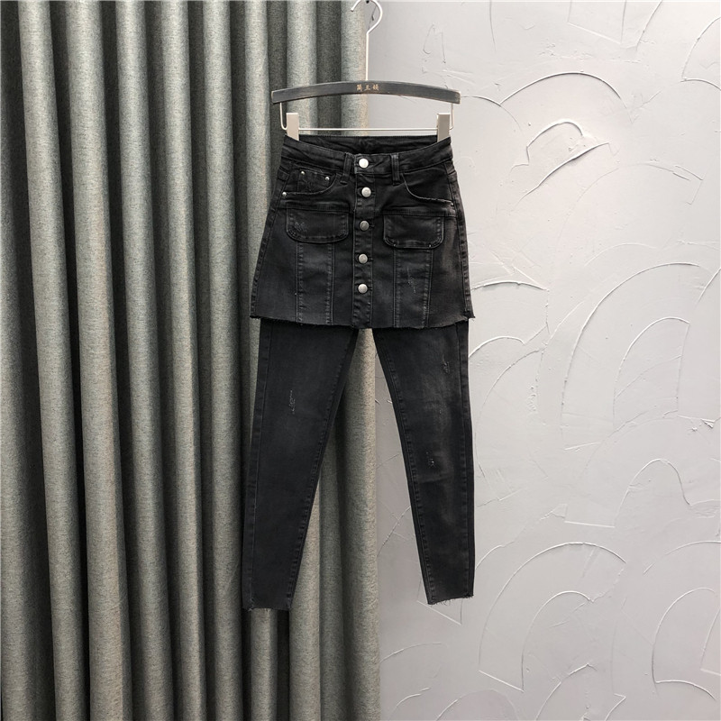 韩版高腰假两件牛仔裤裙女长裤20新款秋季修身显瘦百搭小脚铅笔裤