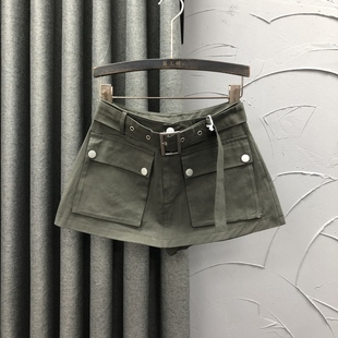 清仓军绿色高腰牛仔短裤裙女年夏季新款时尚潮流A字工装阔腿裙裤