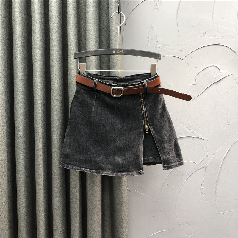 欧洲站高腰牛仔裤裙女个性拉链开叉2021新款秋冬宽松显瘦A字短裤