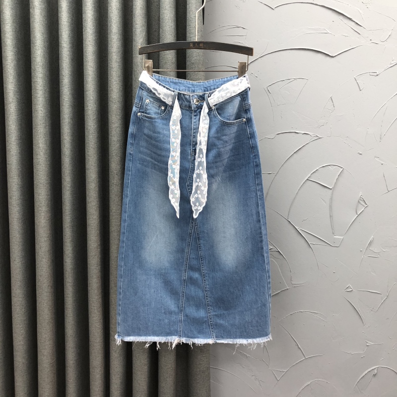 格式蕾丝腰带高腰牛仔裙女夏季时尚洋气减龄A字毛边中长半身裙子