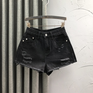 黑色高腰破洞牛仔短裤女2026年春夏新款时尚洋气减龄A字阔腿热裤
