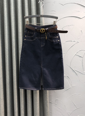 深蓝色高腰中长牛仔裙女休闲2022新款春夏时尚洋气水洗A字包臀裙