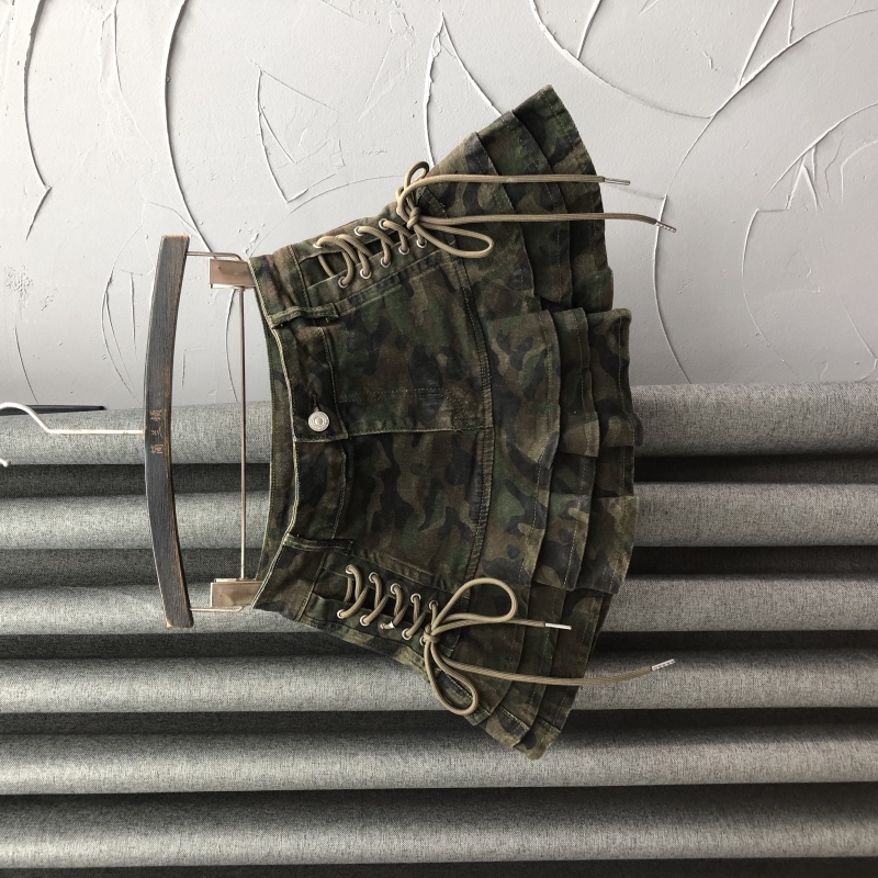 个性迷彩高腰牛仔短裙女夏时尚个性绑绳洋气减龄A字荷叶边半身裙