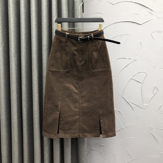 咖啡色高腰开叉牛仔裙女春季时尚宽松洋气显瘦弹力A字中长半身裙