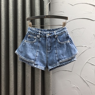 清仓高腰牛仔短裤裙女士夏季时尚潮流辣妹减龄A字荷叶边阔腿热裤