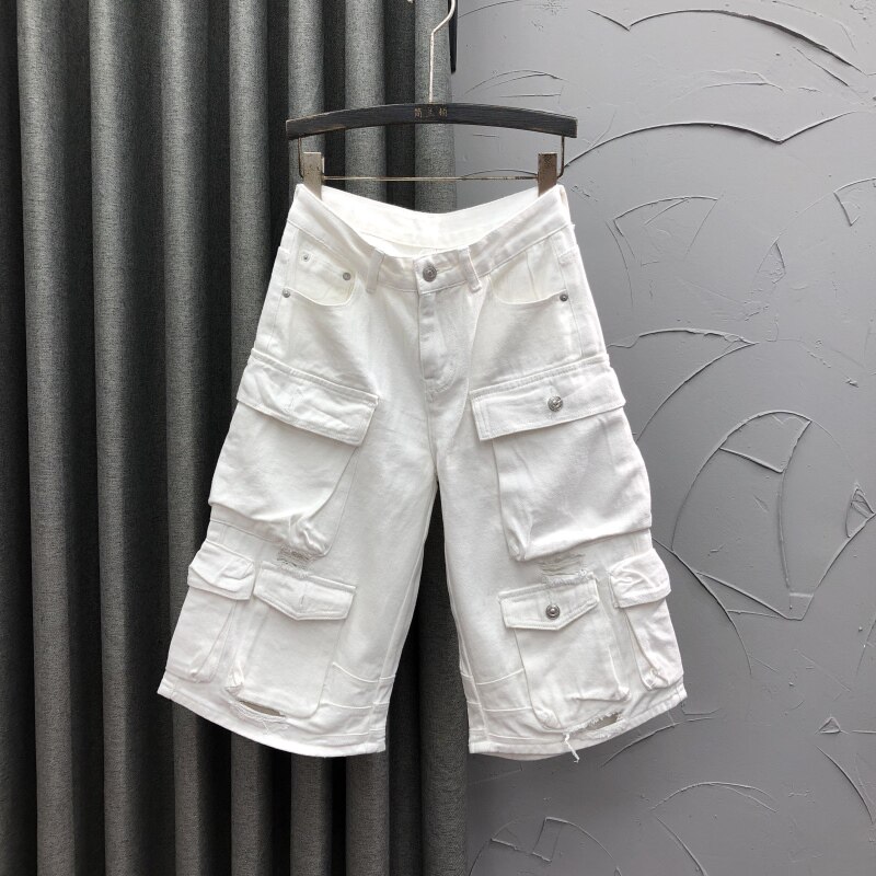白色欧版七分休闲牛仔短裤女夏季时尚个性立体口袋直筒阔腿工装裤,女装/女士精品,牛仔裤,淘宝优惠券,粉丝福利购,淘宝优惠卷