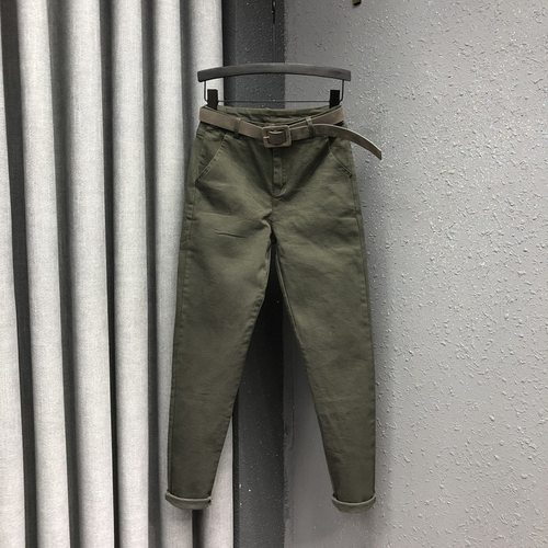 高腰军绿色哈伦时尚萝卜牛仔垮裤