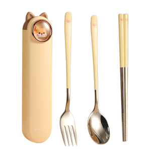 高颜值便携餐具收纳盒上班族304不锈钢三件套筷子勺子套装一人用