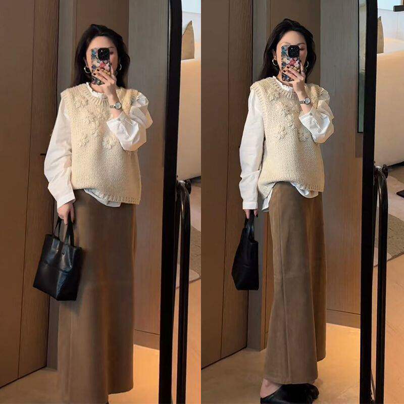 春季女装2026新款名媛气质针织马甲背心内搭长袖衬衫半身裙三件套