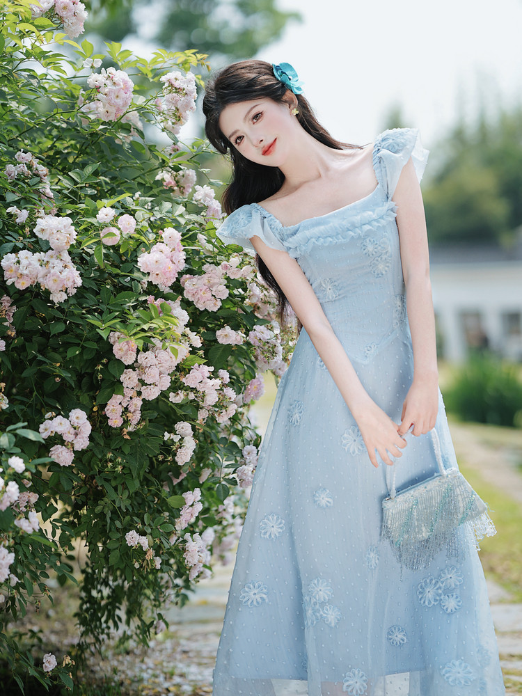 霓裳夏季清冷女装复古法式仙气度假风蓝色连衣裙飞飞袖森系茶歇