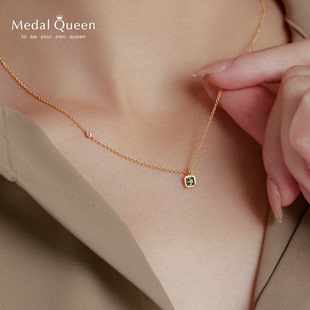 女 小方糖纯银祖母绿宝石项链 锁骨链绿锆石极细简约森系小众设计