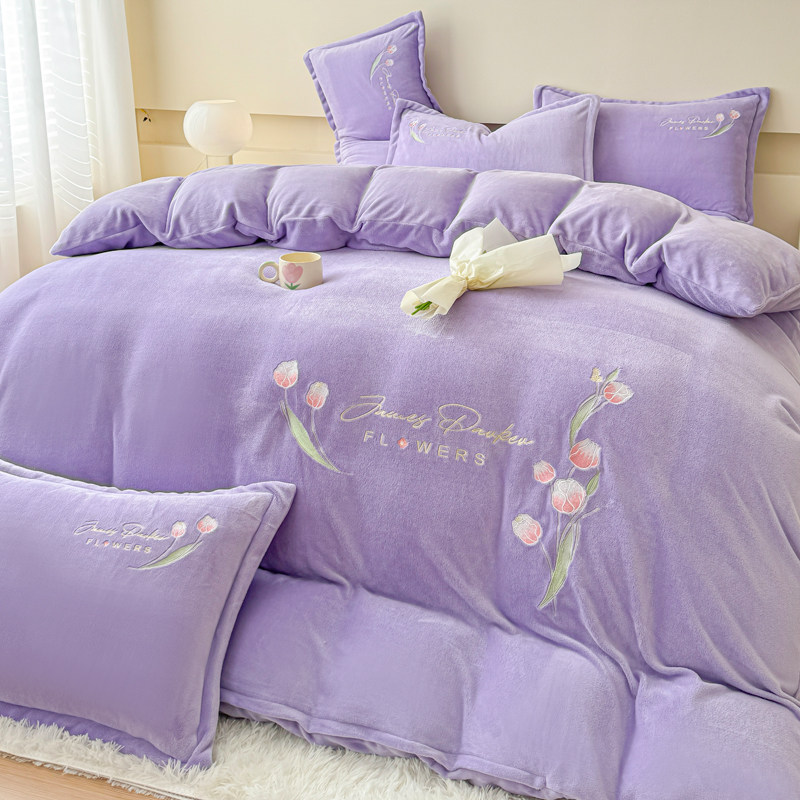 加厚轻奢字母刺绣牛奶绒四件套小清新被套床单兔绒法莱绒金貂绒