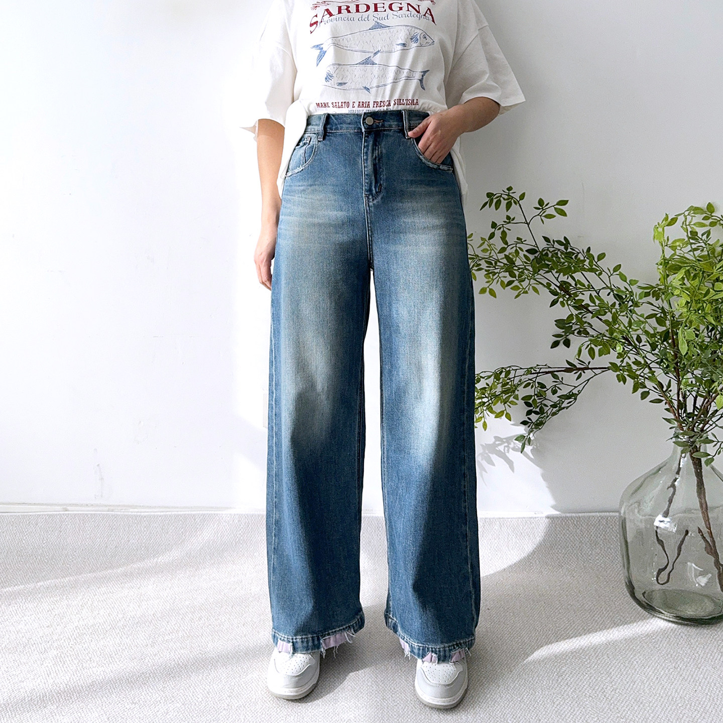 大码女装高个子直筒牛仔裤女春季长裤显瘦拖地裤胖mm做旧阔腿裤子