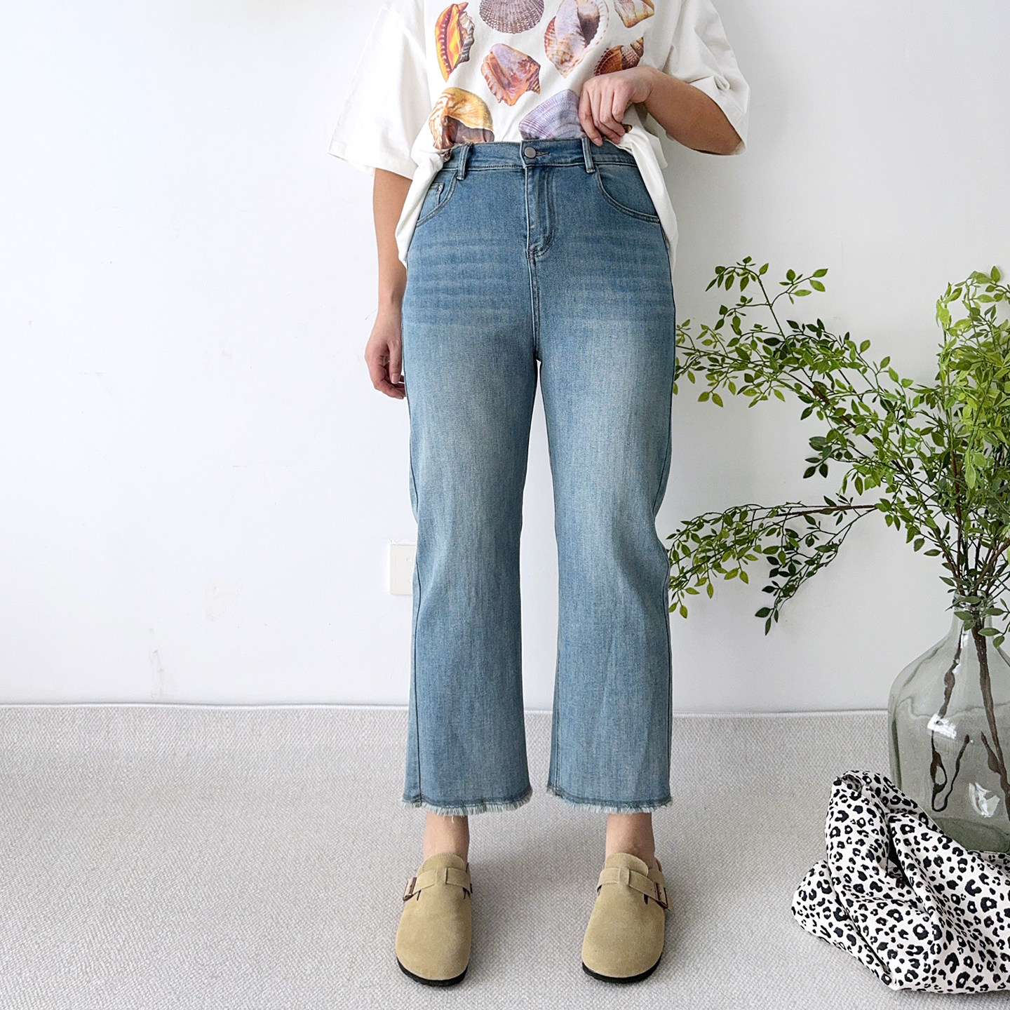 大爽大码女装直筒牛仔裤女春季烟管裤法棍裤胖mm松紧高腰蓝色裤子