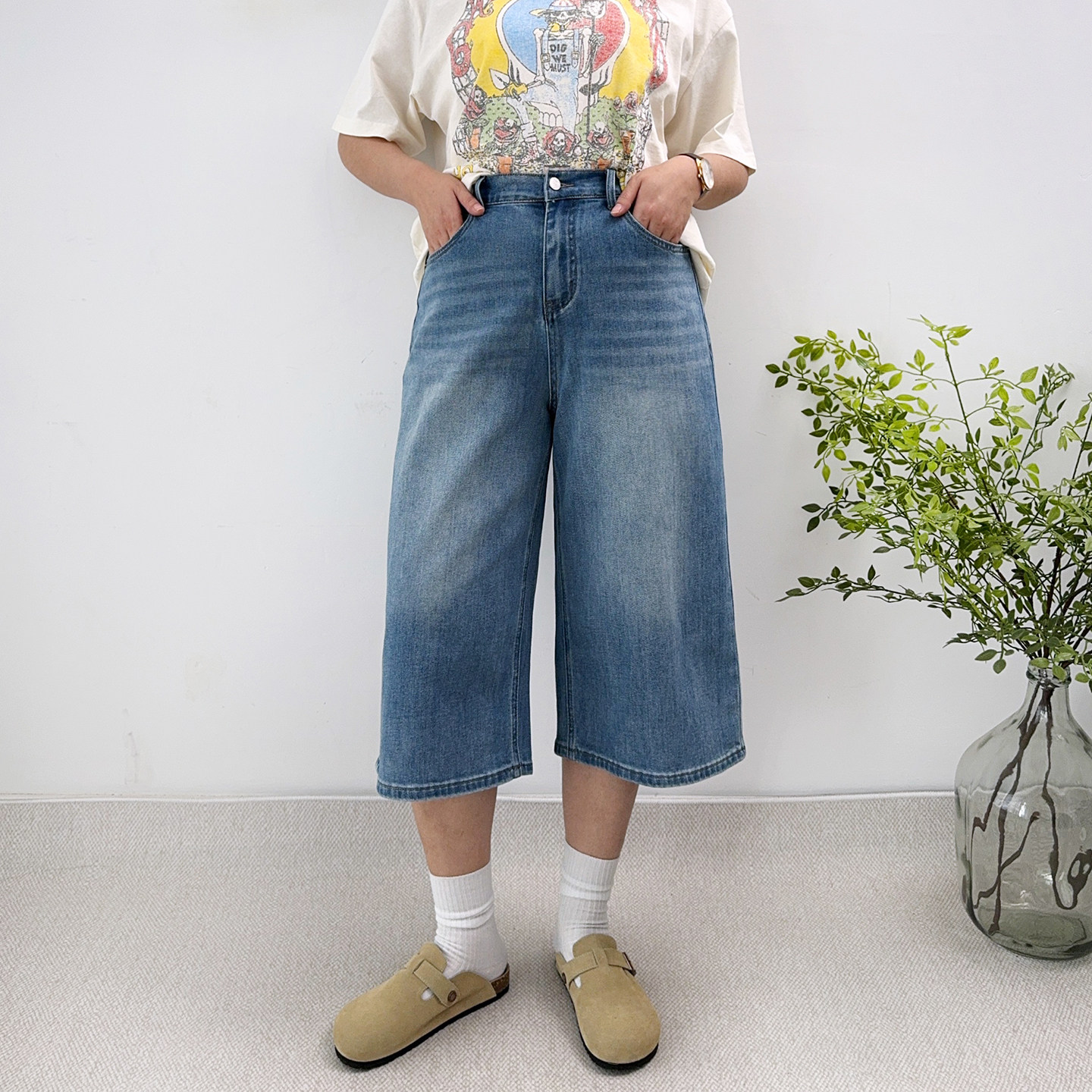 大爽大码七分小个子牛仔短裤女夏季薄款阔腿热裤胖mm微胖七分裤