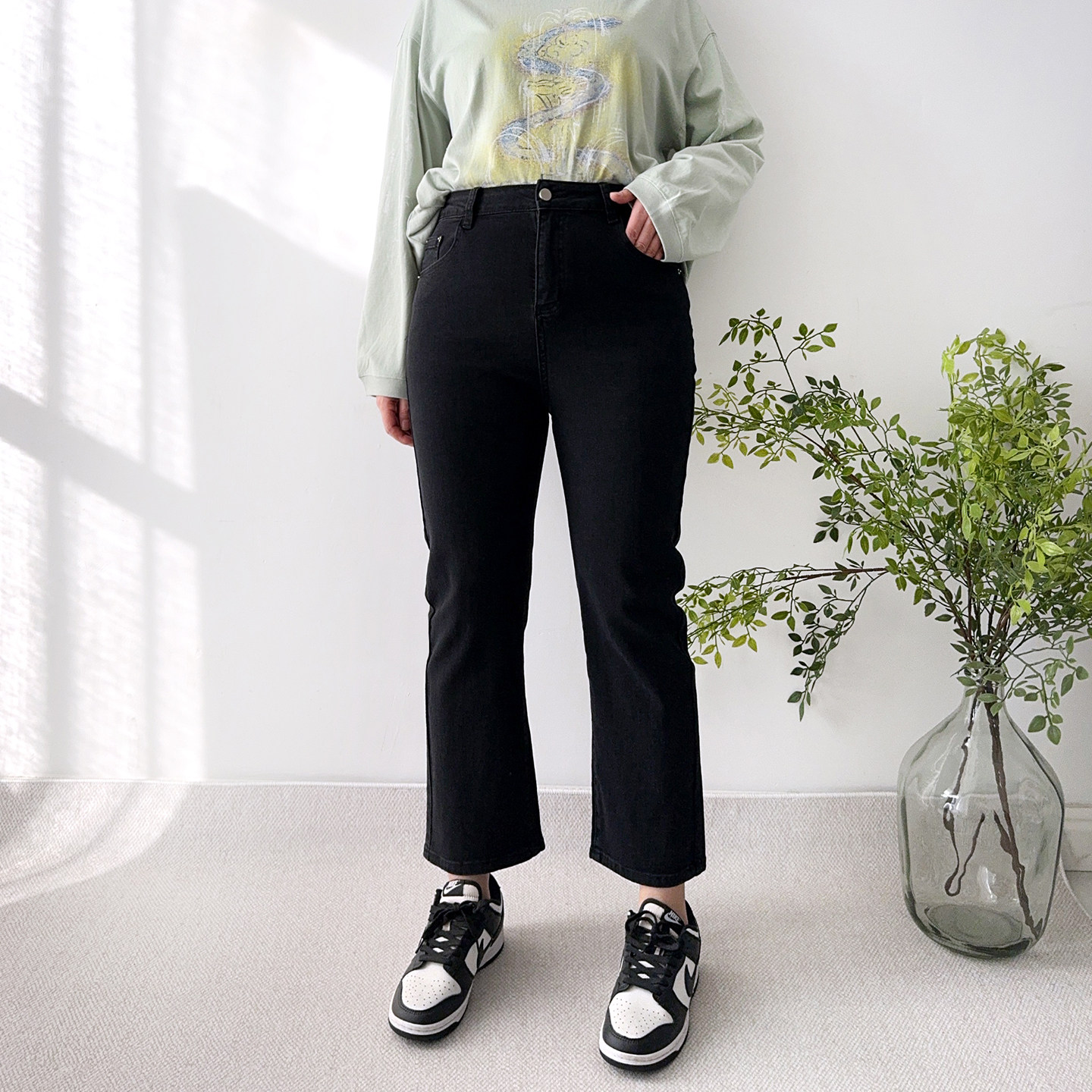 大爽大码女装直筒烟管牛仔裤女春季高腰显瘦法棍裤胖mm黑色裤子潮