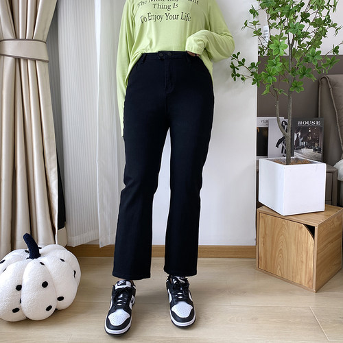 大码加绒黑色烟管裤女直筒牛仔裤