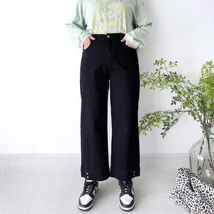 大爽大码女装直筒牛仔裤女春季高腰显瘦女裤胖mm高弹黑色阔腿裤子