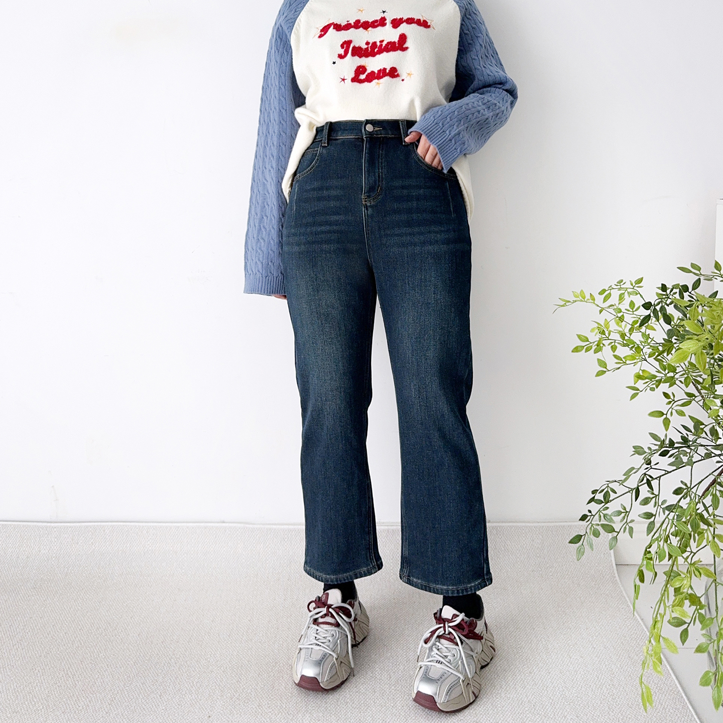 大爽家大码加绒加厚直筒牛仔裤女