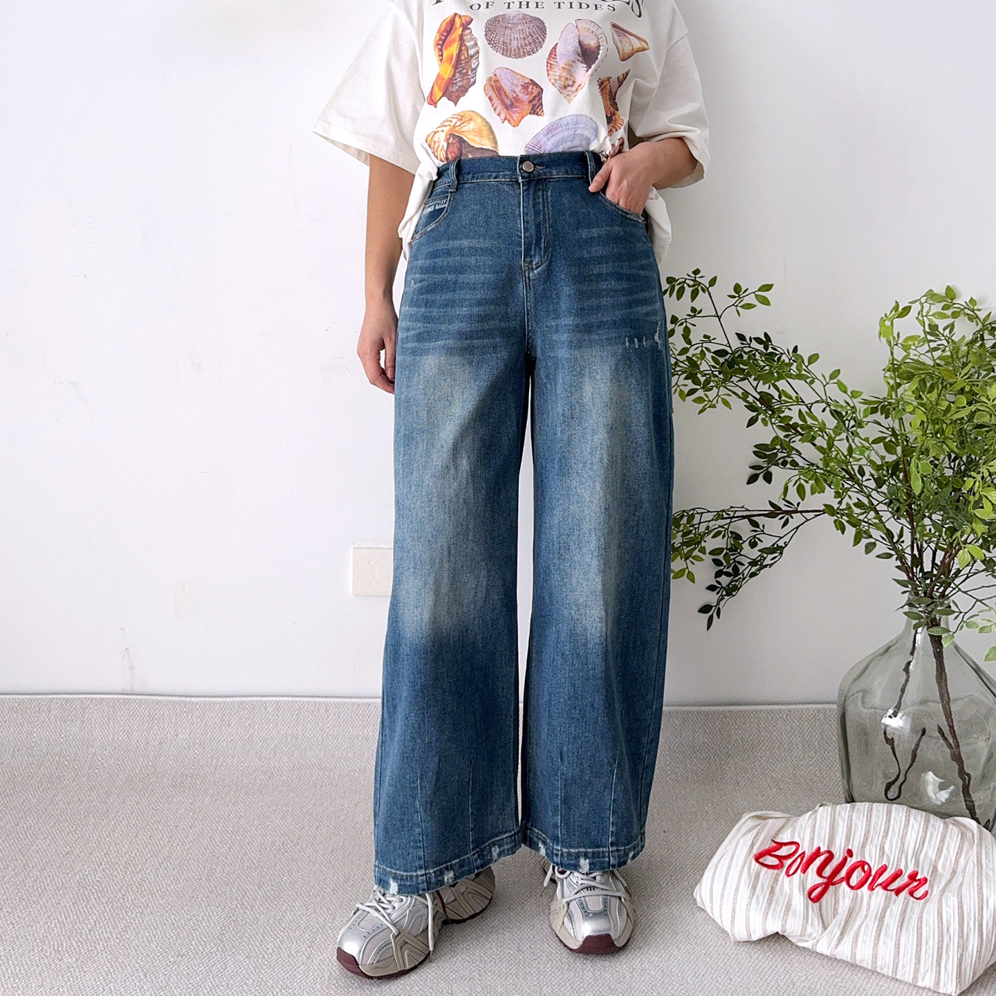 大爽大码女装弯刀牛仔裤女春季直筒阔腿裤松紧高腰女裤胖mm裤子